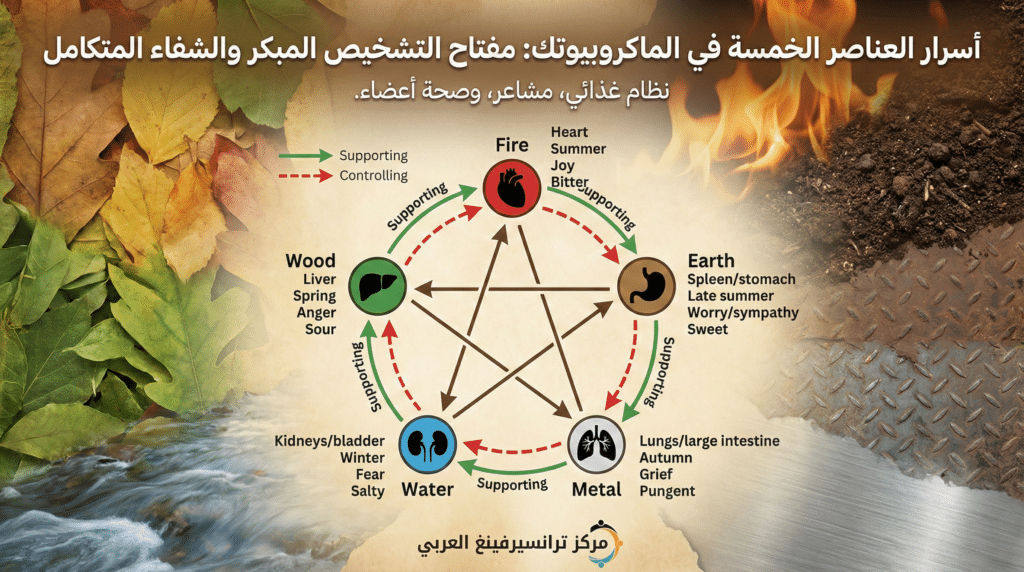 مخطط العناصر الخمسة في الماكروبيوتك يوضح طاقة الخشب والنار والتراب والمعدن والماء والاعضاء والمشاعر المرتبطة بها.